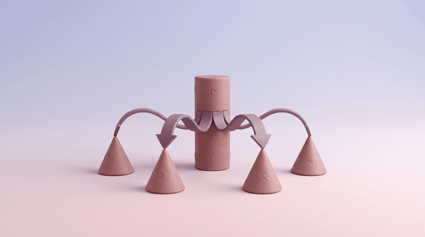 Render 3D minimalista de cuatro conos mate dispuestos en semicírculo con cintas-flecha que convergen hacia un cilindro central más alto, sobre fondo degradado lavanda-rosa