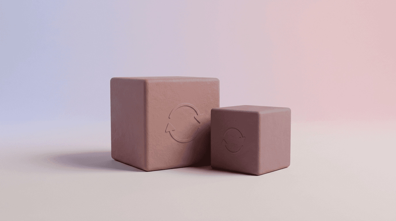Render 3D minimalista de dos cubos mate de tamaños distintos, el mayor más alto, sobre fondo degradado lavanda-rosa
