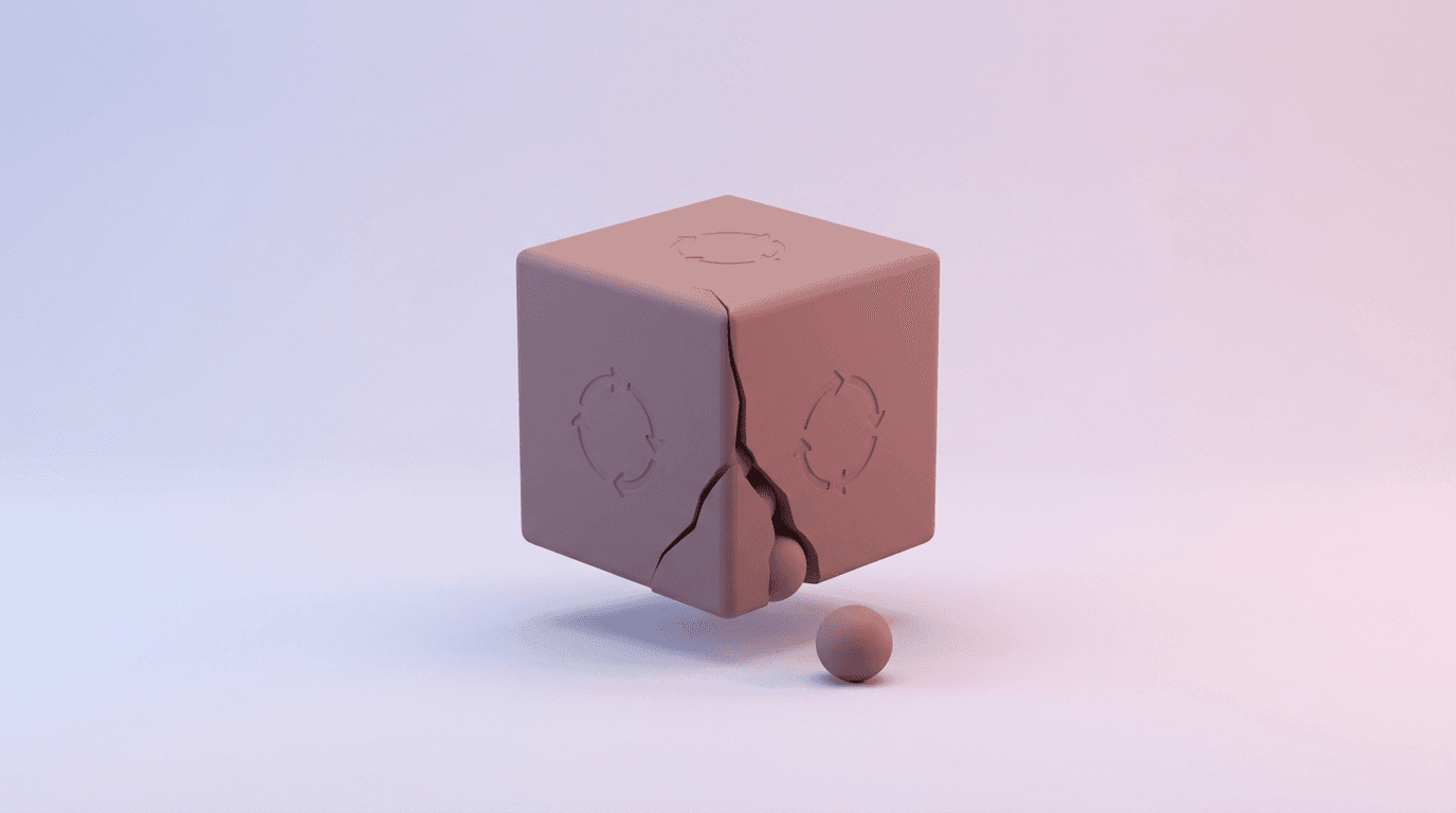 Render 3D minimalista de un cubo mate con una esquina fracturada por la que escapa una esfera pequeña, sobre fondo degradado lavanda y rosa