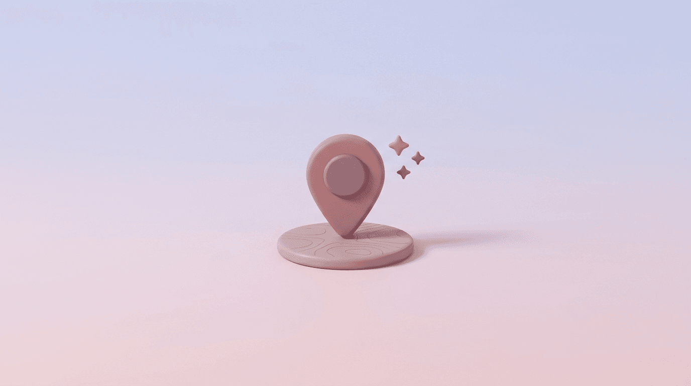 Ilustración 3D de un pin de ubicación mate sobre un mosaico de mapa con estrellas flotando al lado