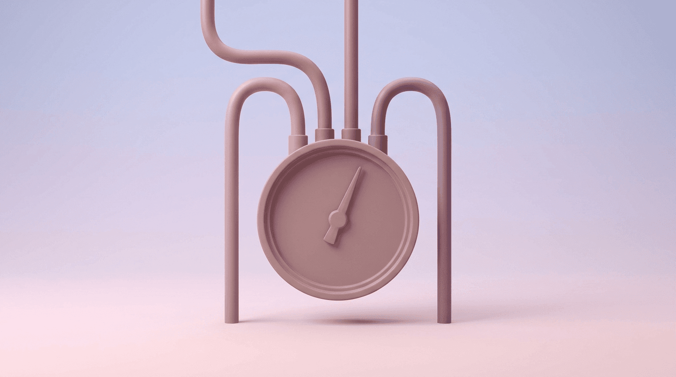 Ilustración 3D de cuatro tubos mate que convergen para alimentar un solo medidor circular