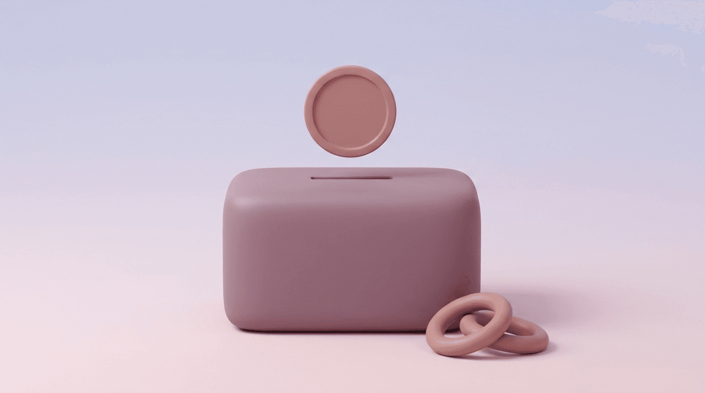 Ilustración 3D de una moneda mate deslizándose por una rampa hacia la ranura de un contenedor enlazado a una cadena de aros