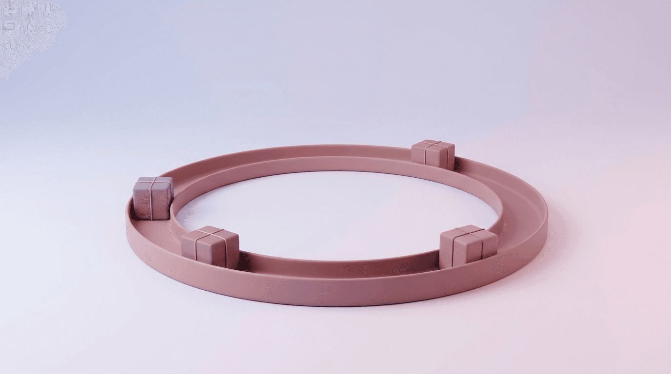 Ilustración 3D de una pista circular mate con cajas de paquetería recorriéndola en ciclo