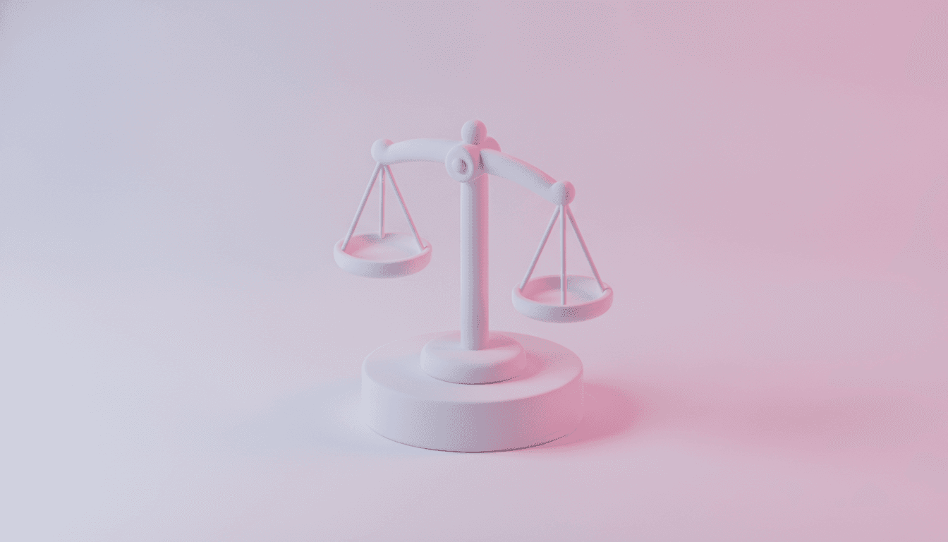 Ilustración 3D de una balanza de la justicia en tonos violeta y magenta