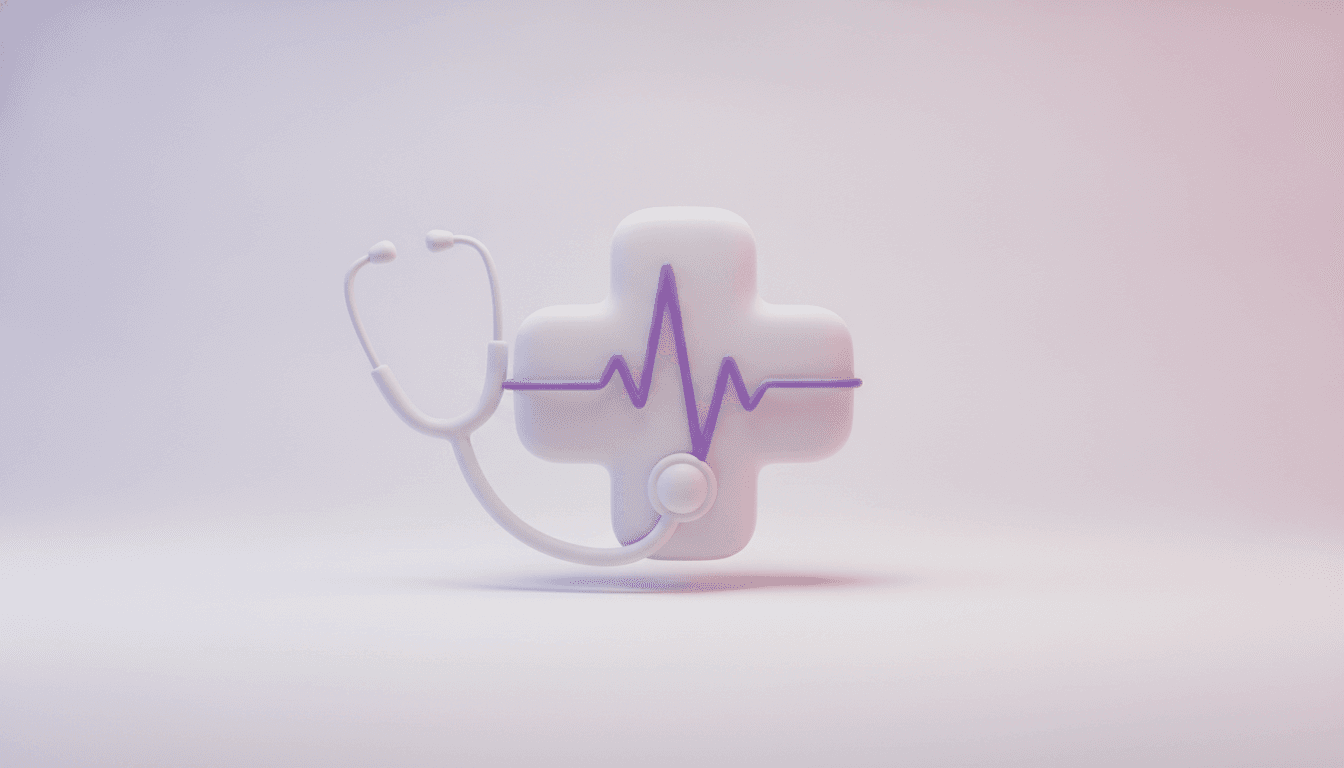 Ilustración 3D de una cruz médica con estetoscopio y línea de latido en magenta
