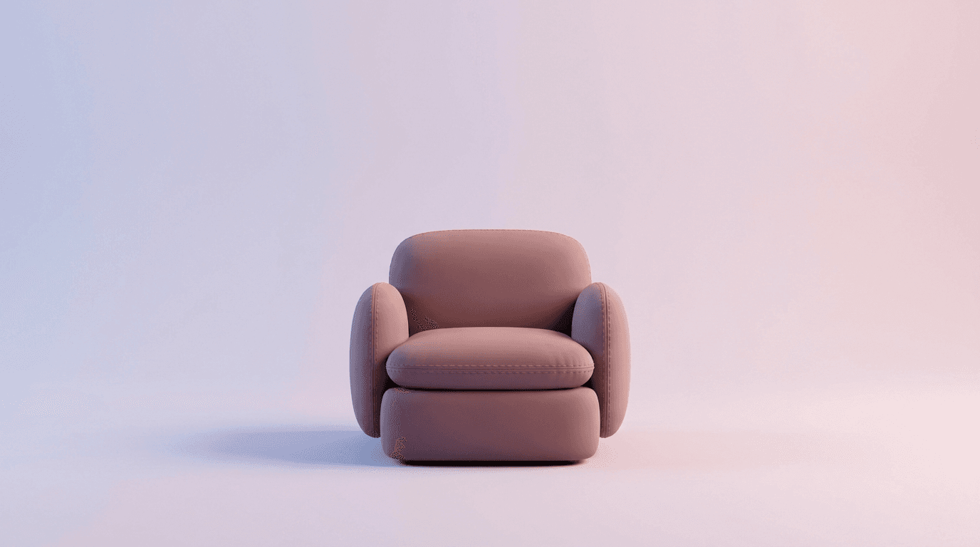 Ilustración 3D de un sillón mate de líneas suaves sobre fondo degradado lavanda-rosa
